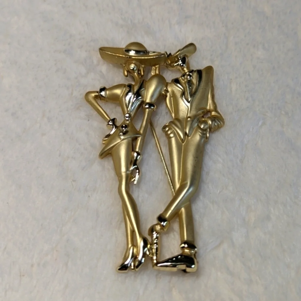 Vintage 80"s Goldtone Man and Woman Fashionista Couple Brooche - Picture 6 of 7
